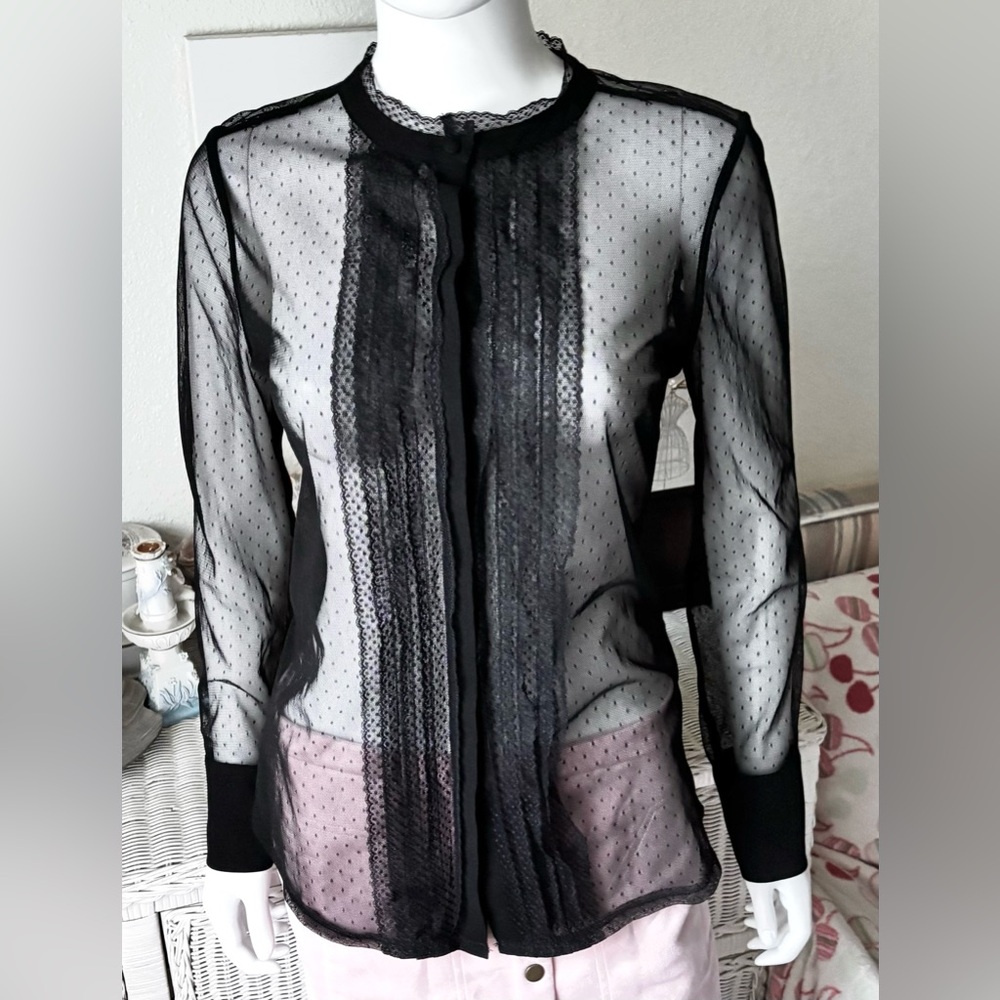 White House Black Market See Thru Lace Tulle Top Ruffled Long Sleeve Black Sz. S